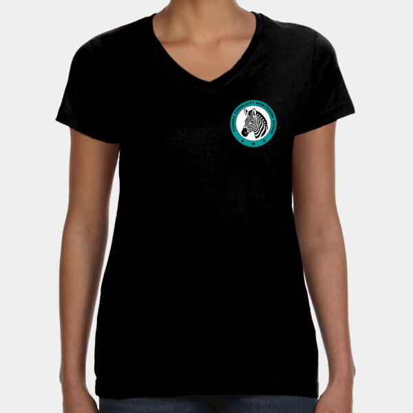 Women's Fine Jersey V-Neck Tee with RCMS Zebra Design Front and Back Thumbnail